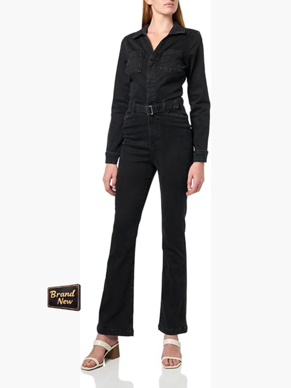 Long Sleeve Denim Jumpsuit With Pockets And Self Belt, Size 4